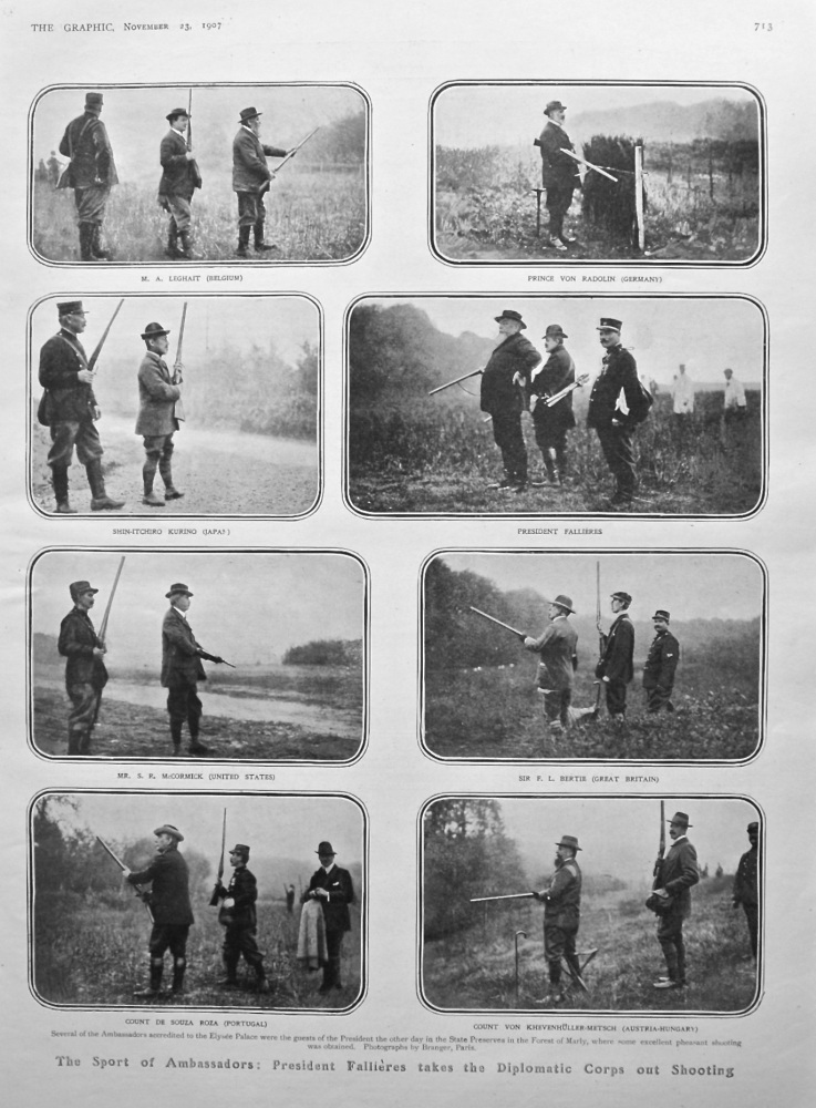 The Sport of Ambassadors : President Fallieres takes the Diplomatic Corps out Shooting. 1907.