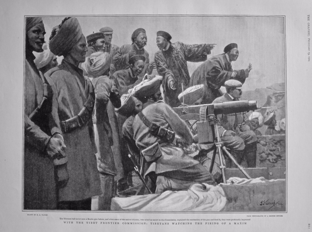With the Tibet Frontier Commission : Tibetans Watching the Firing of a Maxim.  1904.