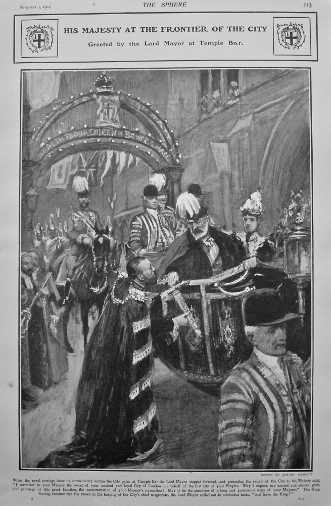 His Majesty at the Frontier of the City Greeted by the Lord Mayor at Temple Bar. 1902