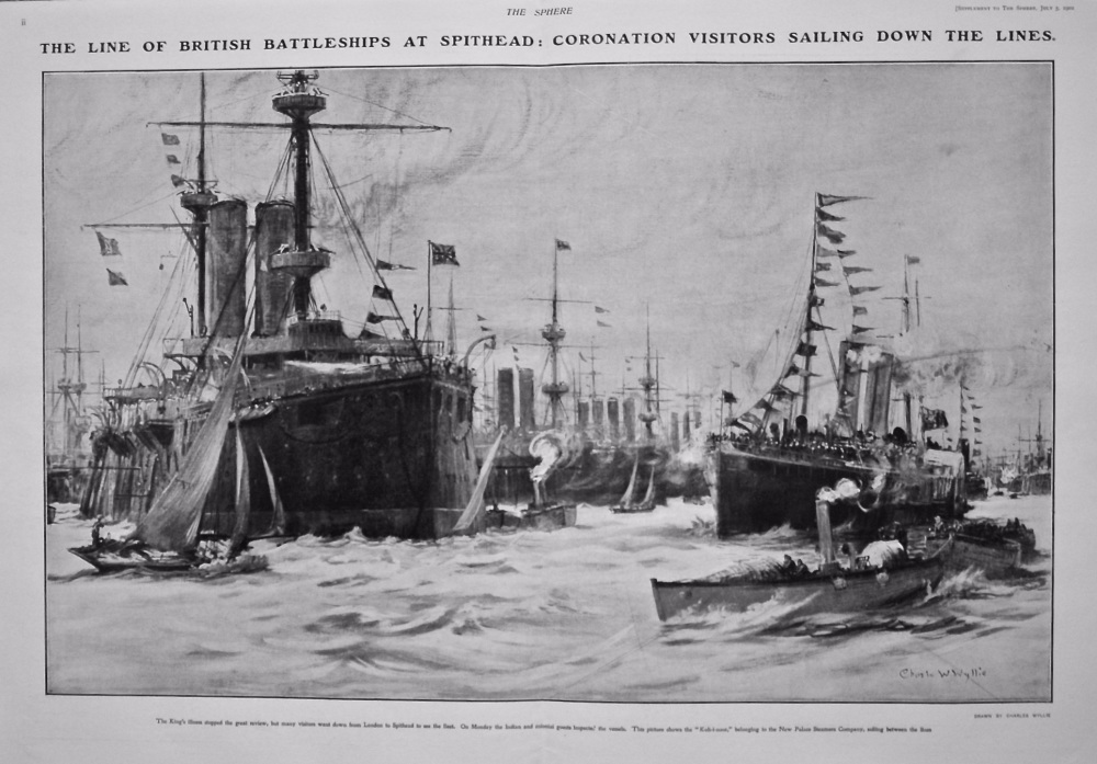The Line of British Battleships at Spithead : Coronation Visitors Sailing down the Lines.  1902. 