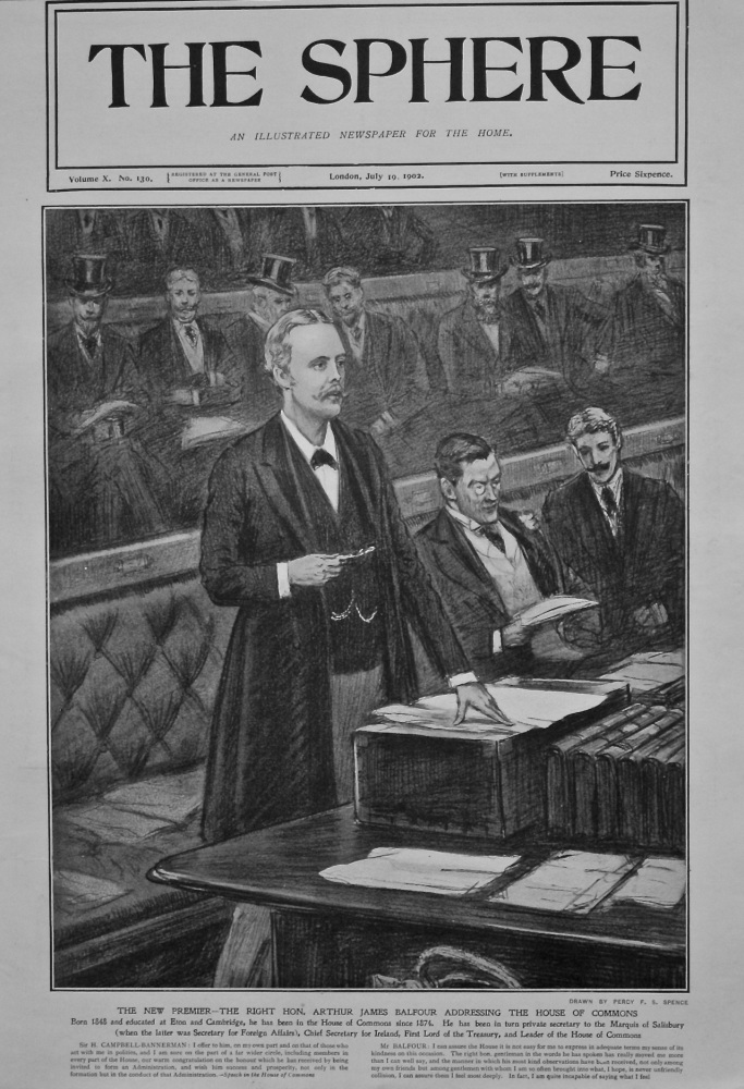 The New Premier - The Right Hon. Arthur James Balfour Addressing the House of Commons. 1902.