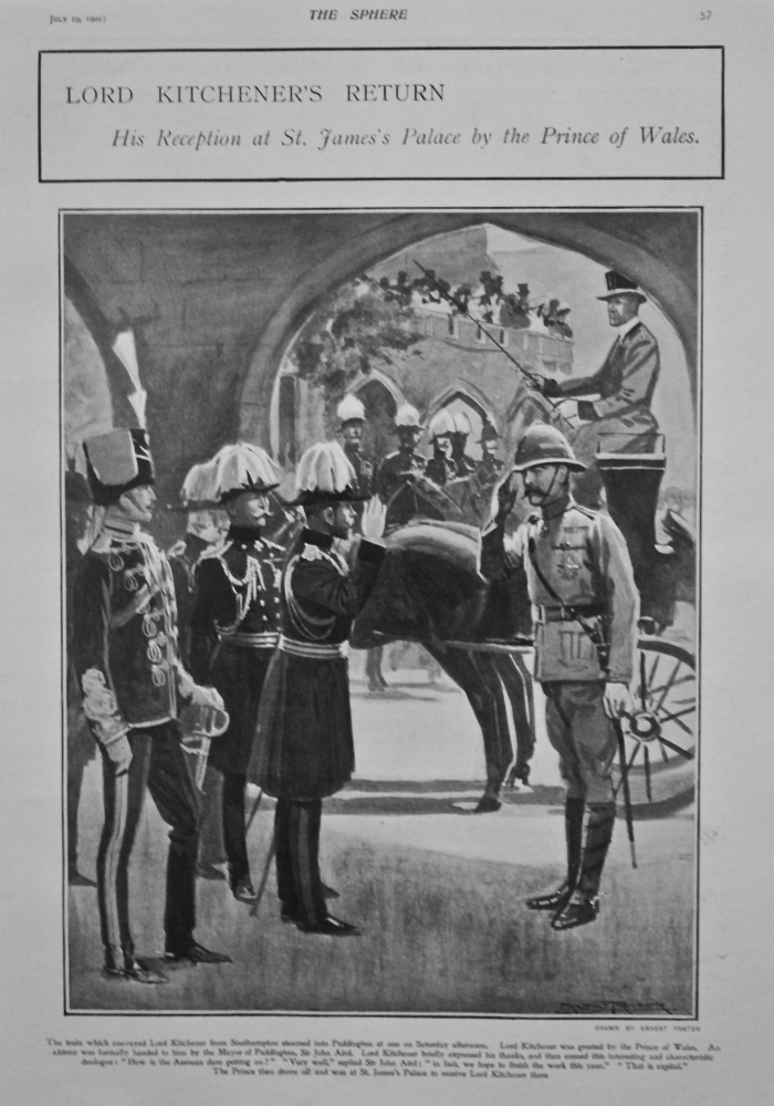 Lord Kitchener's Return : His Reception at St. James's Palace by the Prince of Wales. 1902.
