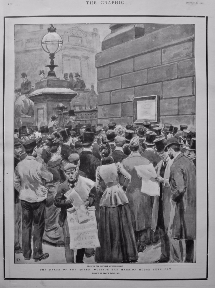 The Death of the Queen : Outside the Mansion House Next Day. (Reading the Official Announcement) 1901..
