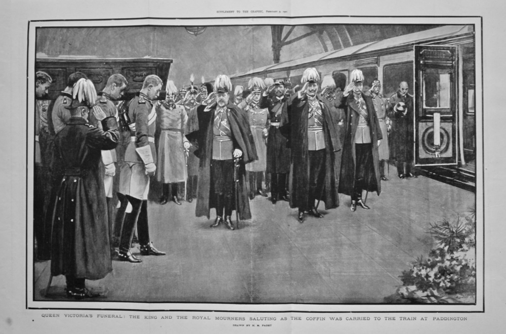Queen Victoria's Funeral : The King and the Royal Mourners Saluting as the Coffin was carried to the Train at Paddington. 1901.