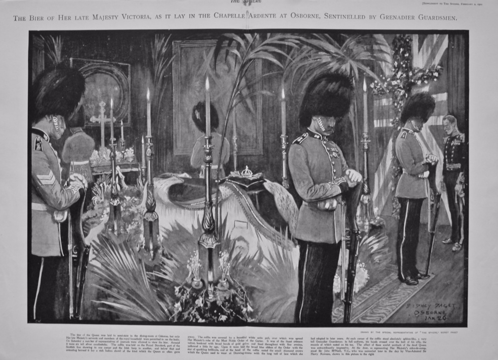 The Bier of Her Late Majesty Victoria, as it Lay in the Chapelle Ardente at Osborne, Sentinelled by Grenadier Guardsmen. 1901.
