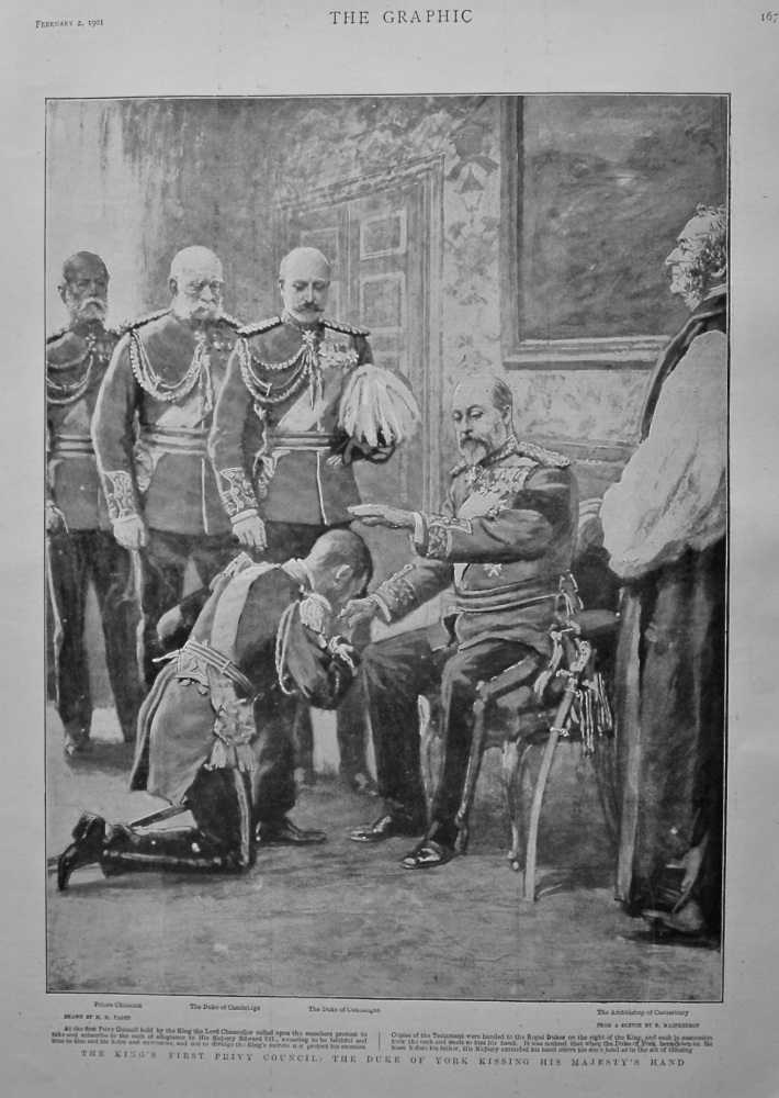 The King's First Privy Council : The Duke of York Kissing His Majesty's Hand. 1901.