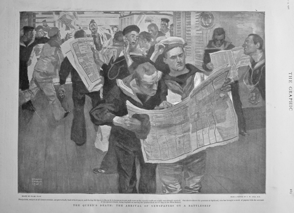 The Queen's Death : The Arrival of Newspapers on a Battleship. 1901.
