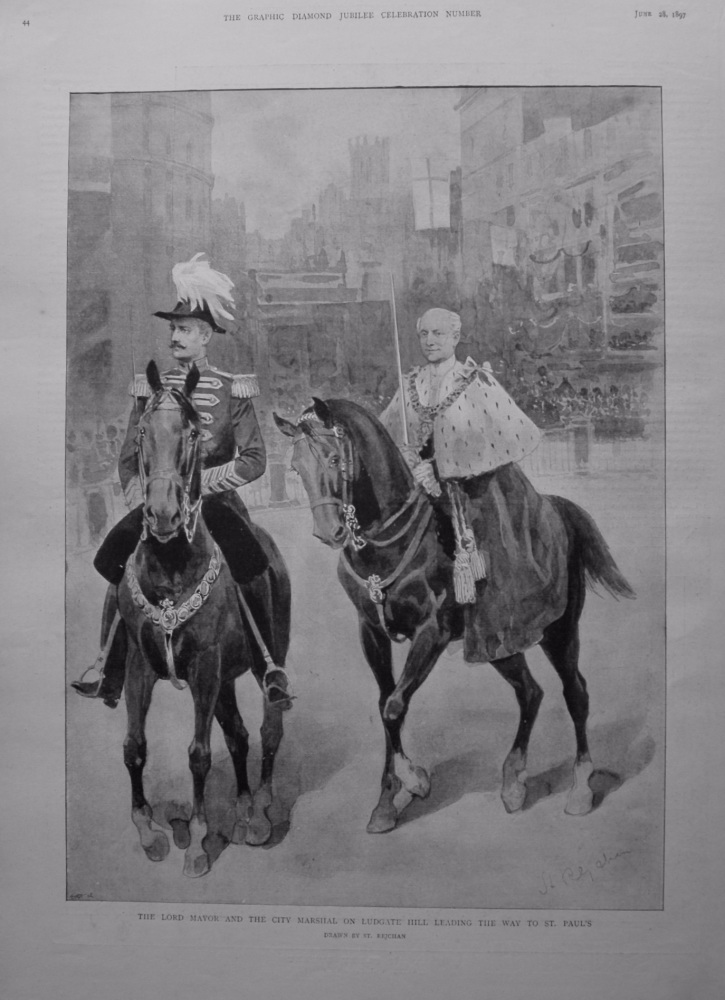 The Lord Mayor and the City Marshal on Ludgate Hill leading the way to St. Paul's. 1897.