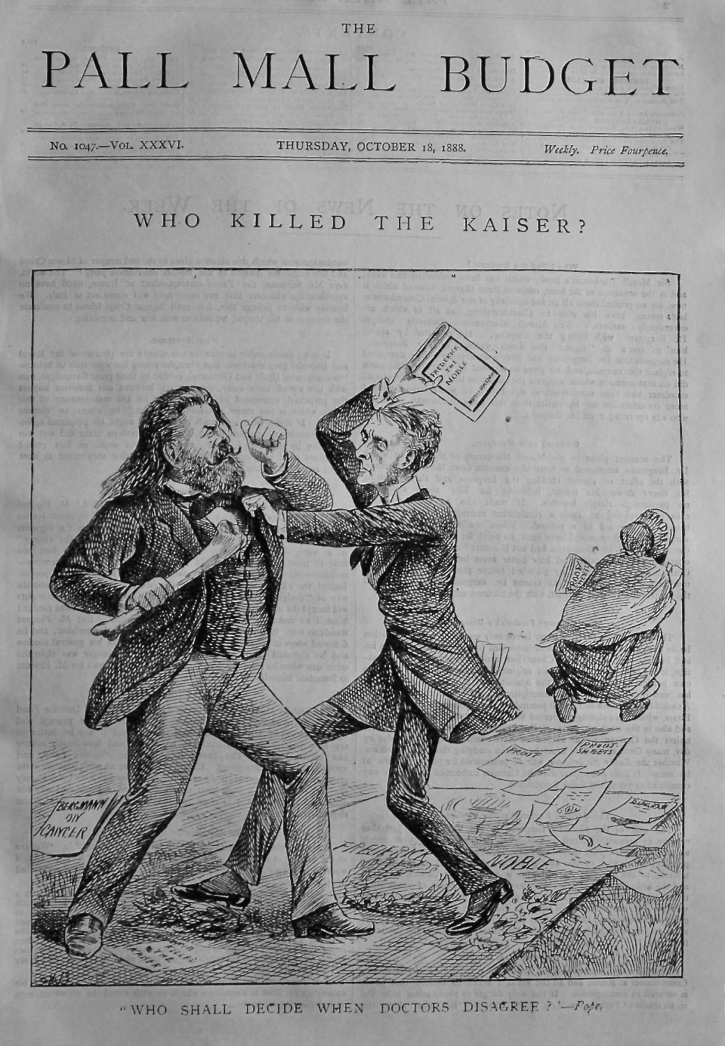 The Pall Mall Budget, (Front Page). Who Killed the Kaiser ?. 1888.