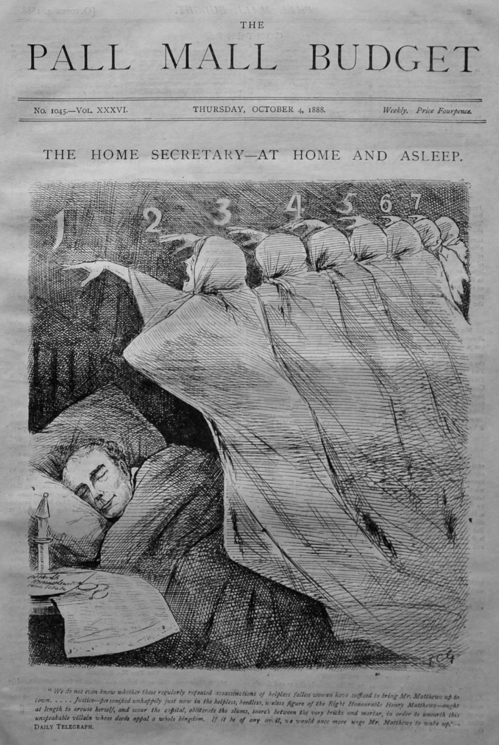The Pall Mall Budget. (Front Page) The Home Secretary - At Home and Asleep.