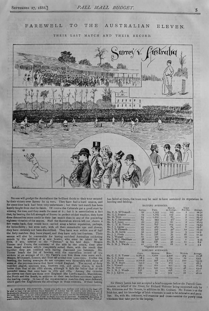 Farewell to the Australian Eleven. There Last Match and Their Record. (Surrey v. Australia.) 1888.