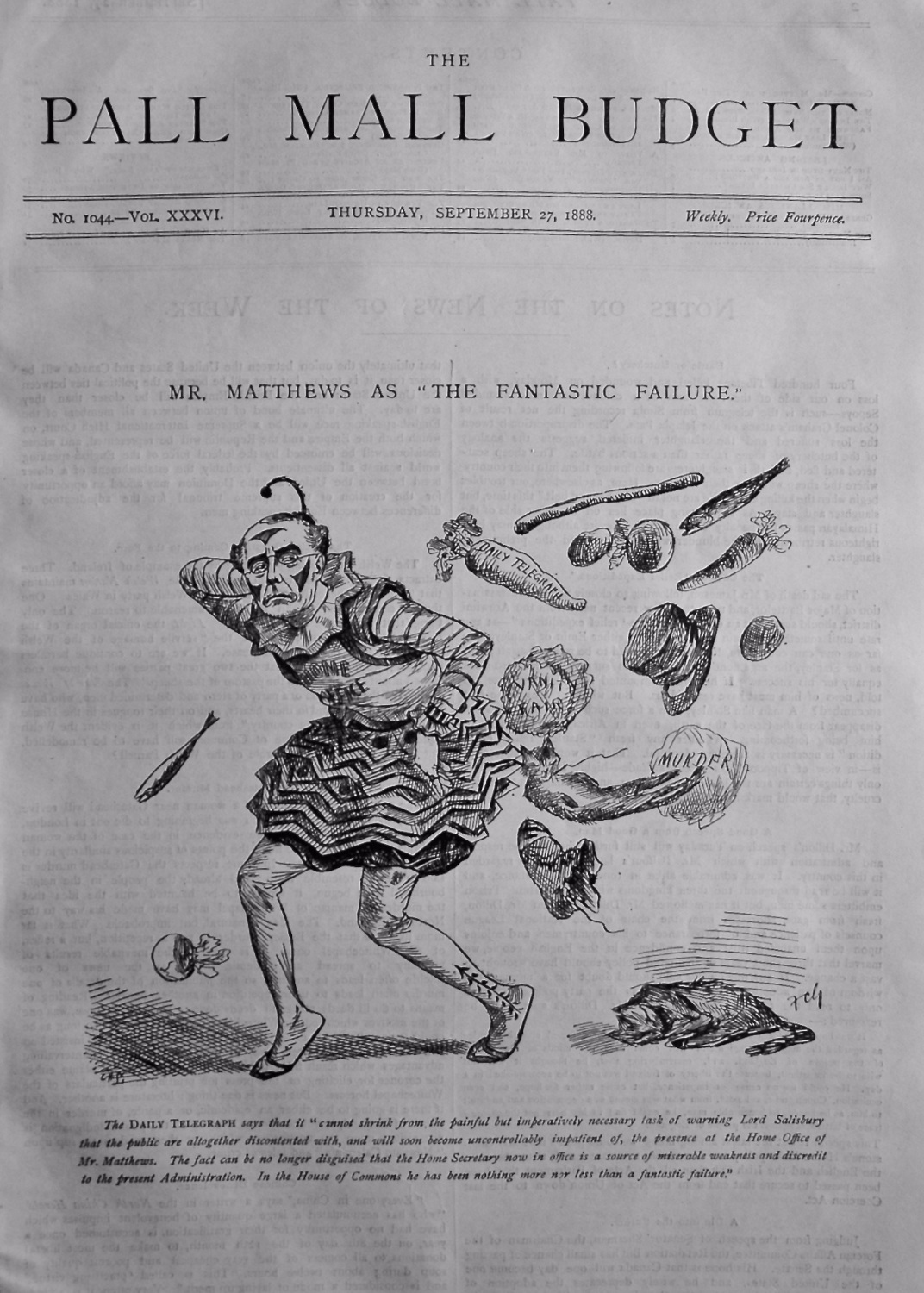 The Pall Mall Budget, September 27th, 1888. (Front Page)  Mr. Matthews as 
