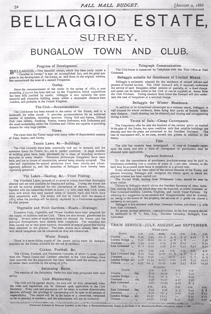 Bellaggio Estate, Surrey. Bungalow Town and Club. 1888.