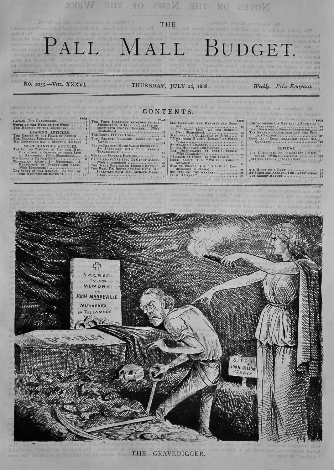 The Pall Mall Budget, July 26th, 1888, (Front Page)   The Gravedigger.