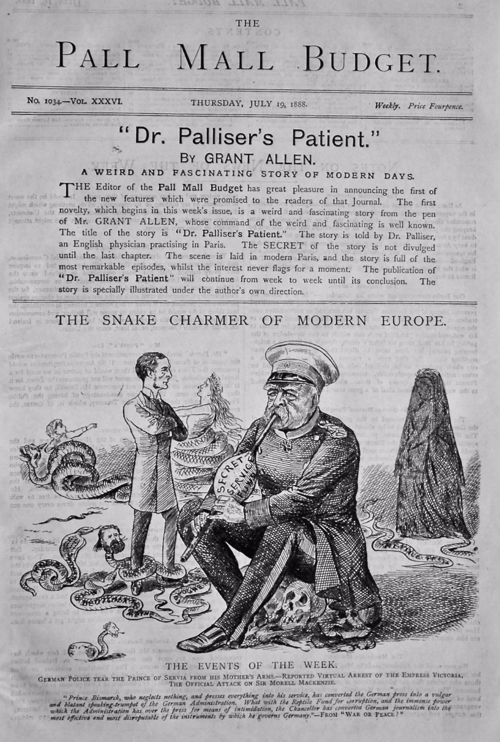 The Pall Mall Budget, July 19th, 1888. (Front Page)  The Snake Charmer of M