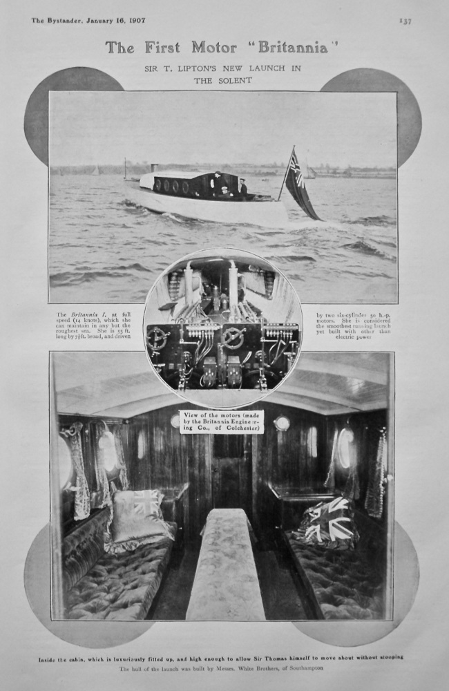 The First Motor "Britannia" : Sir T. Lipton's New Launch in The Solent.  1907.