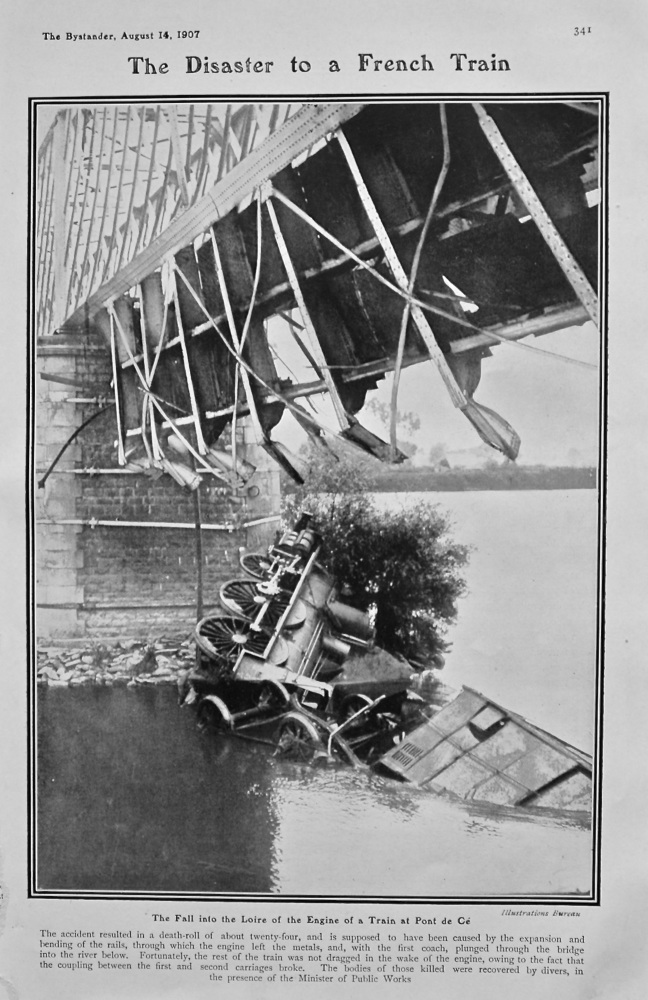 The Disaster to a French Train : The Fall into the Loire of the Engine of a Train at Pont de Ce. 1907.