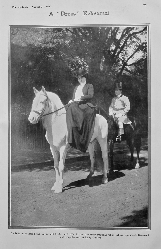 A "Dress" Rehearsal : La Milo rehearsing the horse which she will ride in the Coventry Pageant when taking the much-discussed-and draped-part of Lady 