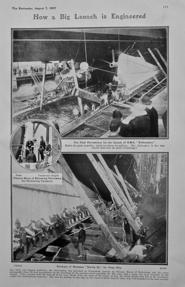 How a Big Launch is Engineered. (Launch of the Bellerophon at Portsmouth). 1907.