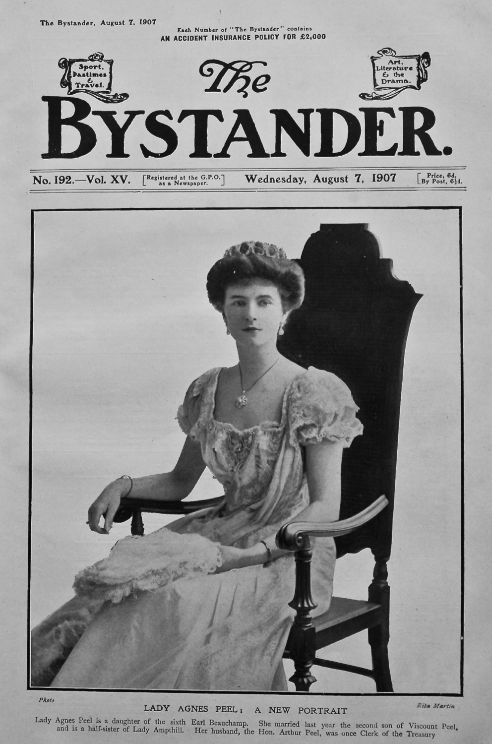 The Bystander, August 7th, 1907. (Front Page)  Lady Agnes Peel ; A New Port