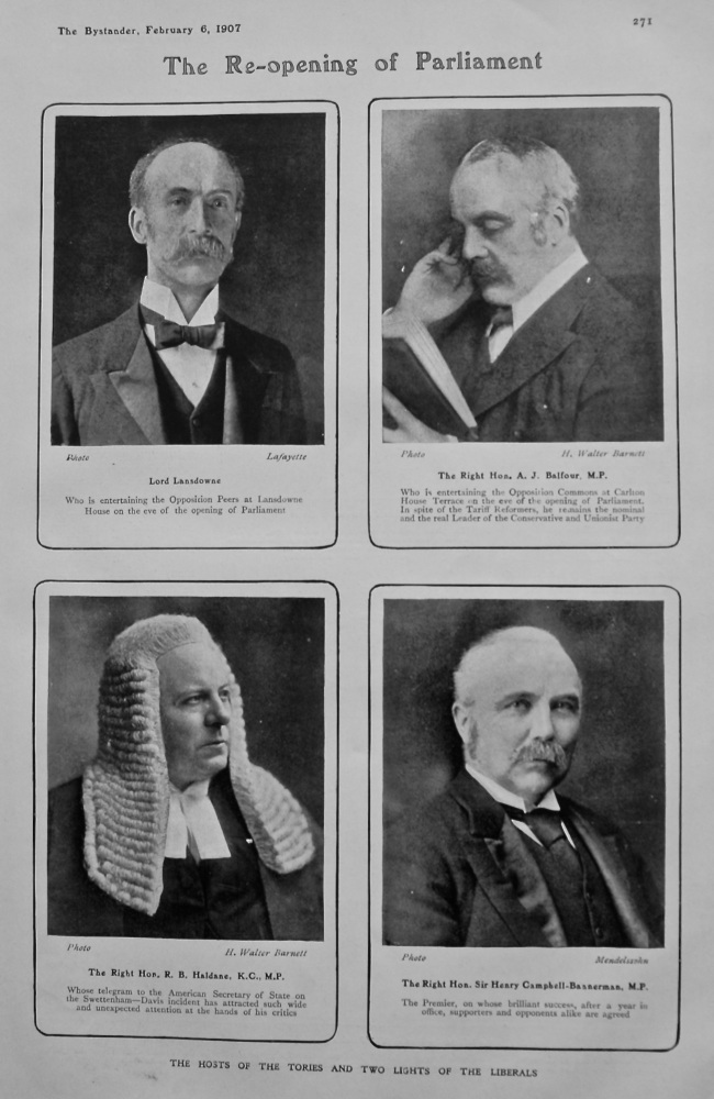 The Re-opening of Parliament : The Hosts of the Tories and Two Lights of the Liberals.  1907.