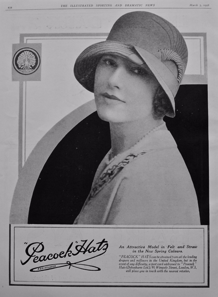 "Peacock" Hats.  (Debenhams Ltd.) 1928.