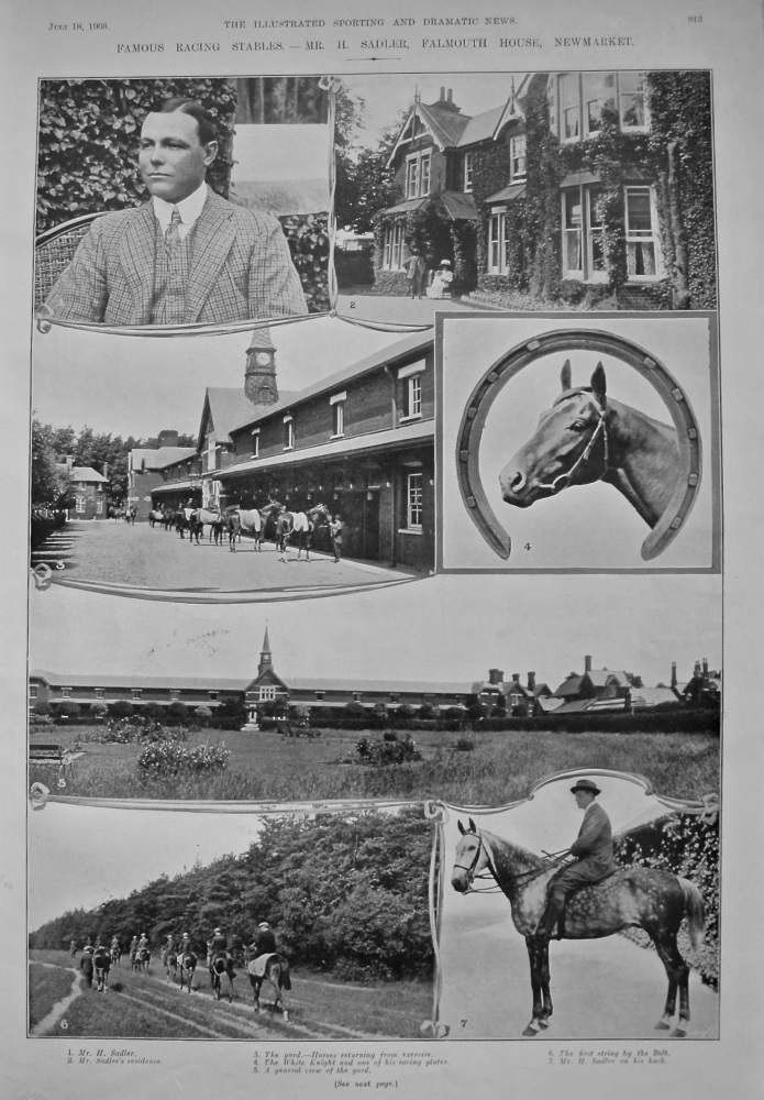 Famous Racing Stables.- Mr. H. Sadler, Falmouth House, Newmarket.  1908.