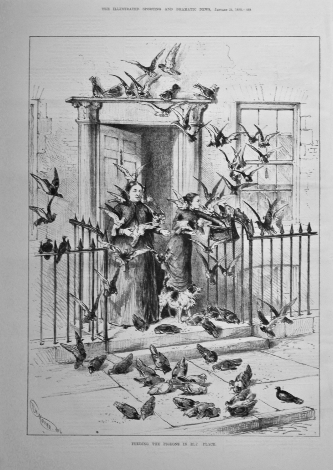Feeding the Pigeons in Ely Place.  1880.