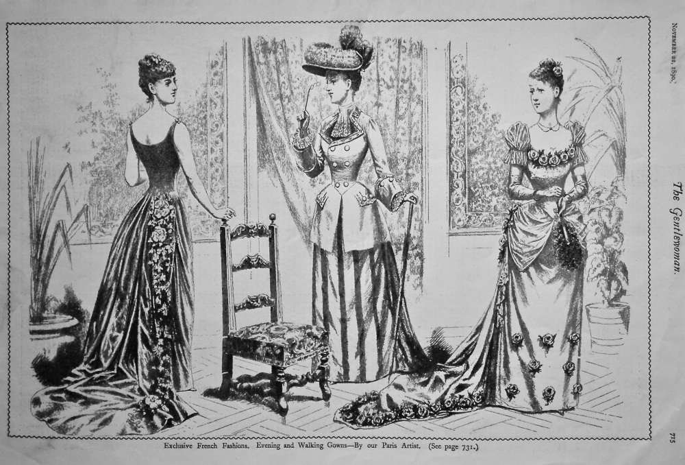 Exclusive French Fashions.  Evening and Walking Gowns.  1890.
