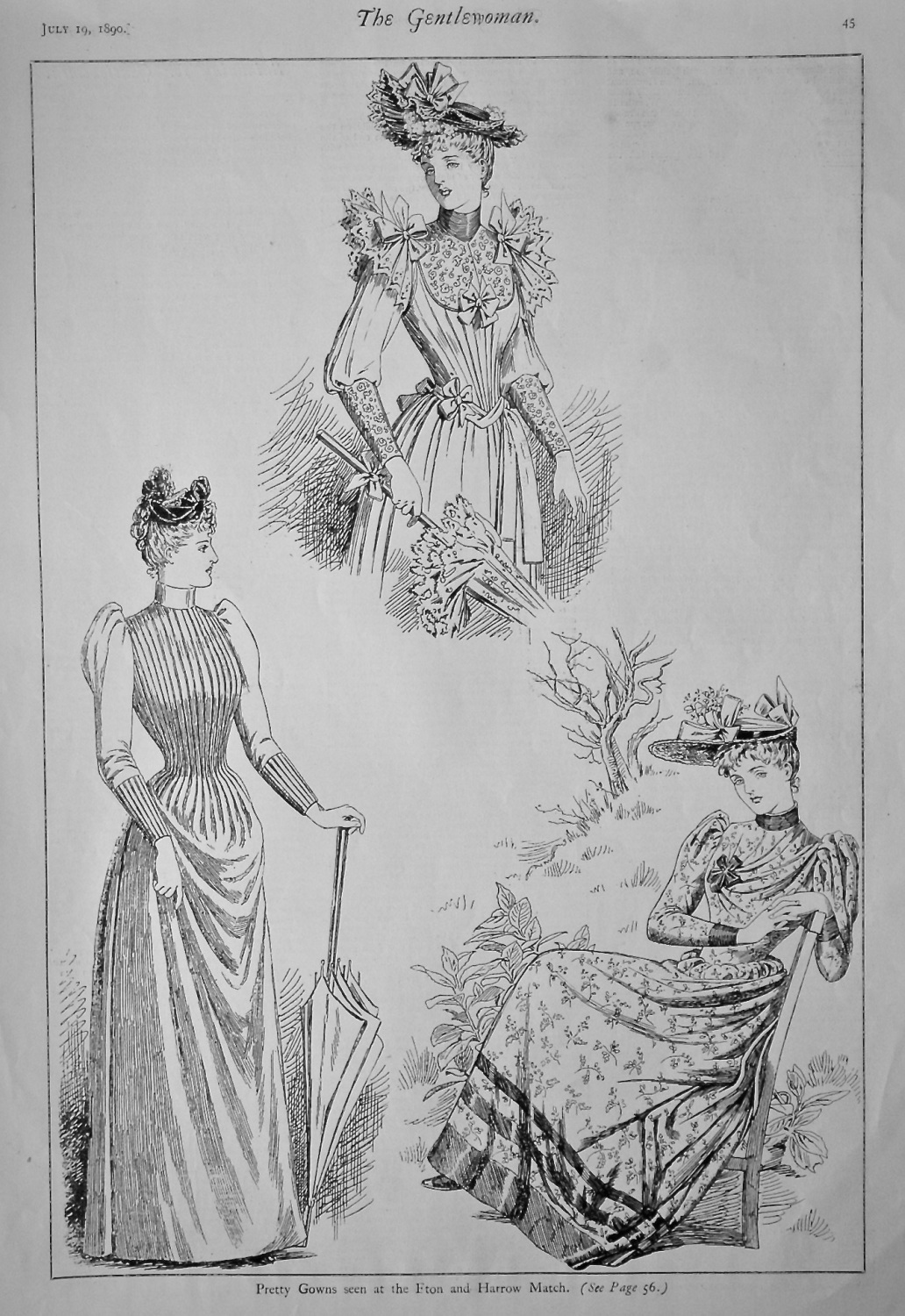 Pretty Gowns seen at the Eton and Harrow Match.  1890.