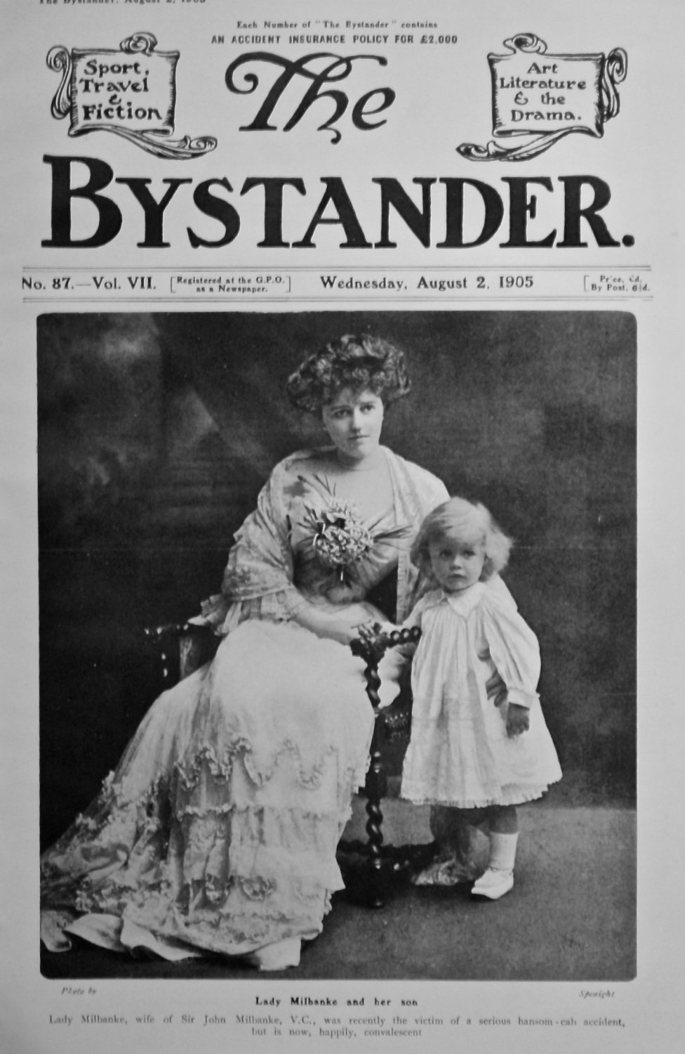 The Bystander, August 2nd, 1905.  (Front Page)  Lady Milbanke and her Son.
