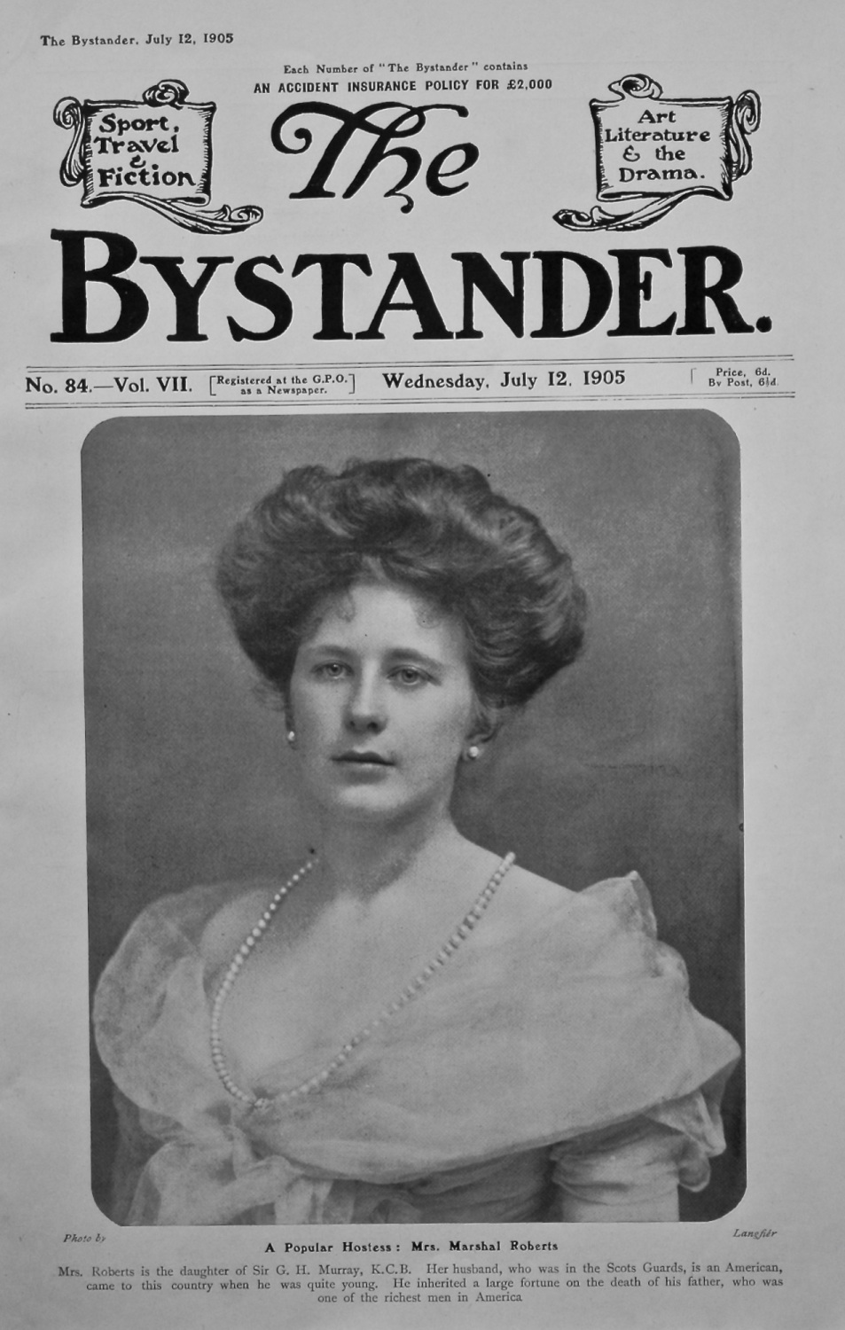 The Bystander, July 12th, 1905, (Front Page)    A Popular Host : Mrs. Marsh