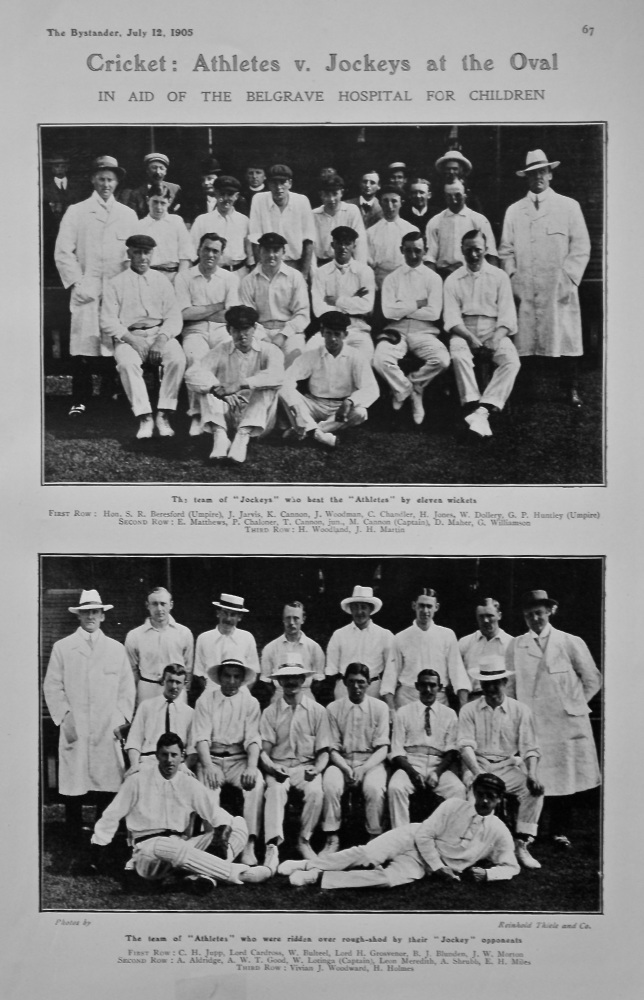 Cricket : Athletes v. Jockeys at the Oval : In Aid of the Belgrave Hospital for Children.  1905.