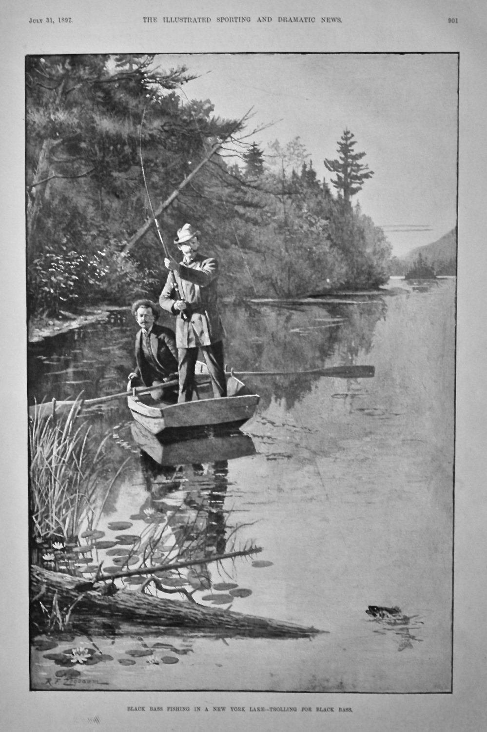 Black Bass Fishing in a New York Lake - Trolling for Black Bass.  1897.