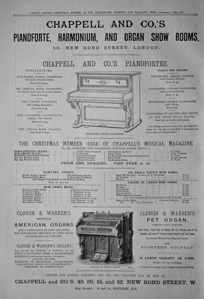 Chappell & Co.'s.  Pianoforte, Harmonium, and Organ Show Rooms, 50 New Bond Street, London.   1884.