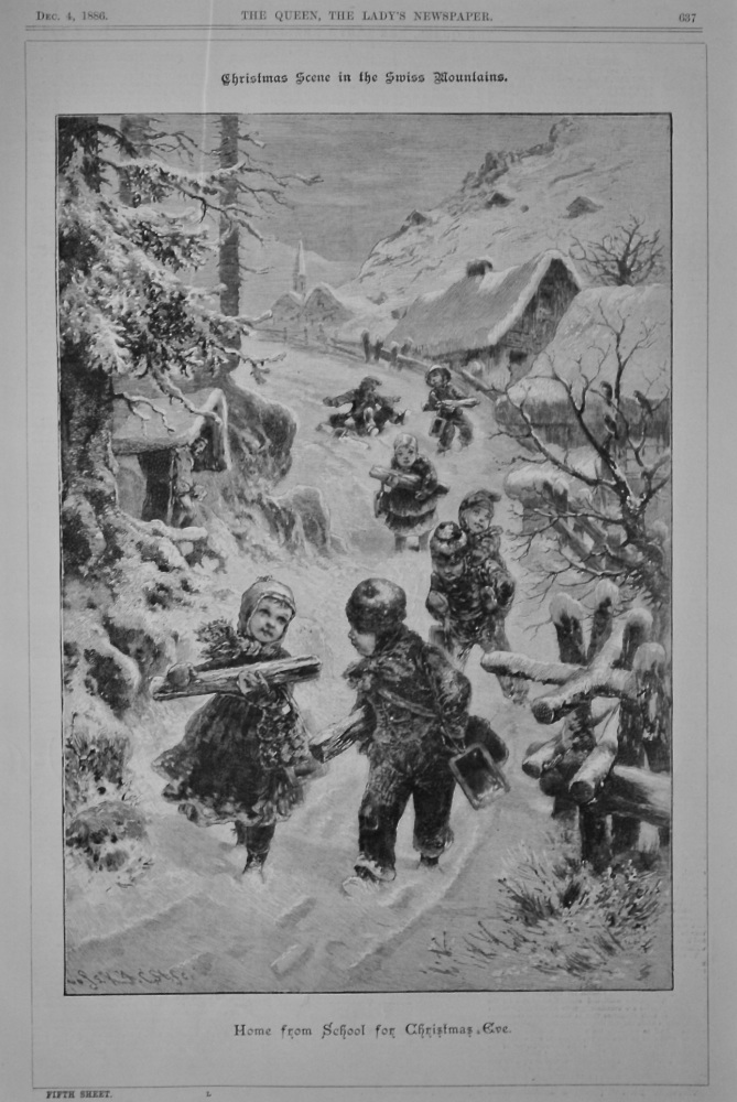 Christmas Scene in the Swiss Mountains : Home from School for Christmas Eve.  1886.
