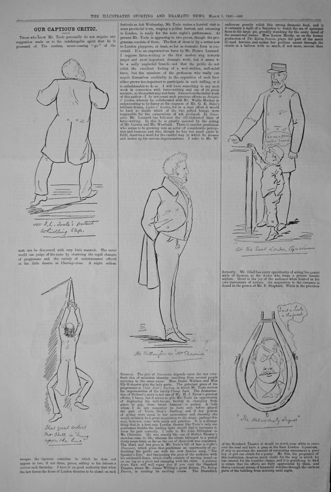 Our Captious Critic, March 3rd, 1883.  :  (A Look at the Stage at this time in particular Mr. Toole's little theatre at Charring-Cross).