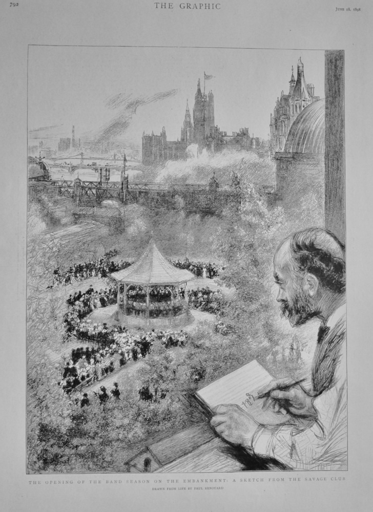 The Opening of the Band Season on the Embankment : A Sketch from the Savage Club.  1898.