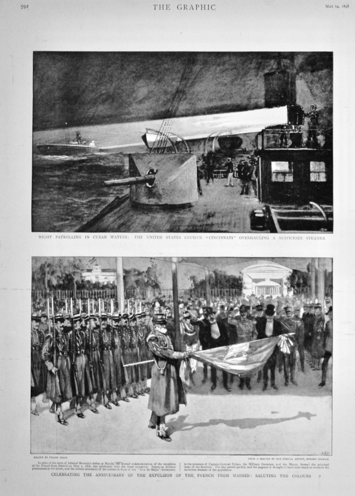 Celebrating the Anniversary of the Expulsion of the French from Madrid : Saluting the Colours.  1898.