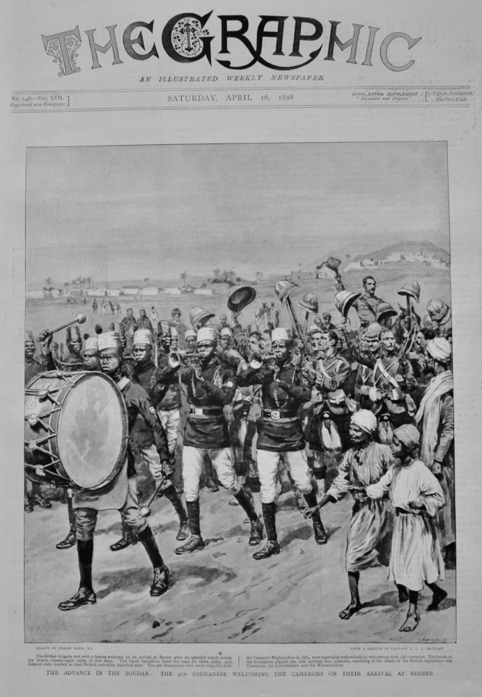 The Advance in the Soudan : The 9th Soudanese welcoming the Camerons on their arrival at Berber.  1898.