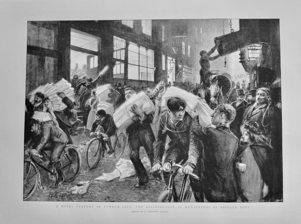 A Novel Picture in London Life : The Distribution of Newspapers by Bicycle Boys.  1898.