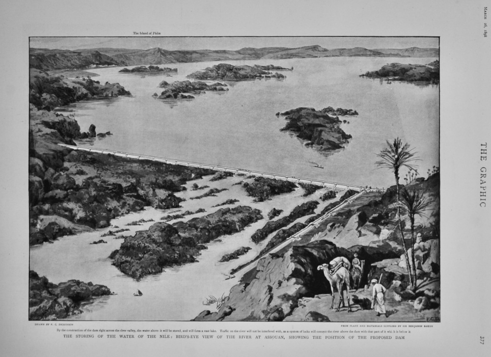 The Storing of the Water of the Nile : Bird's-Eye view of the River at Assouan, Showing the position of the Proposed Dam. 1898.