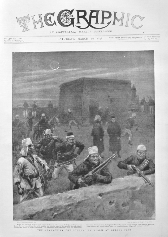 The Advance in the Soudan : An Alarm at Gulbab Post.  1898.