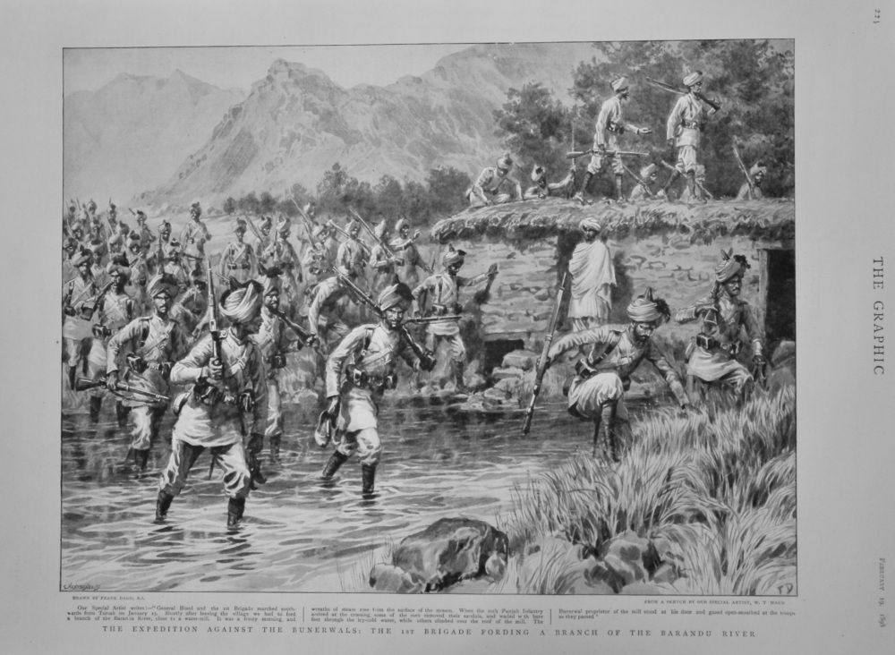 The Expedition against the Bunerwals : The 1st Brigade Fording a Branch of the Barandu River.  1898.