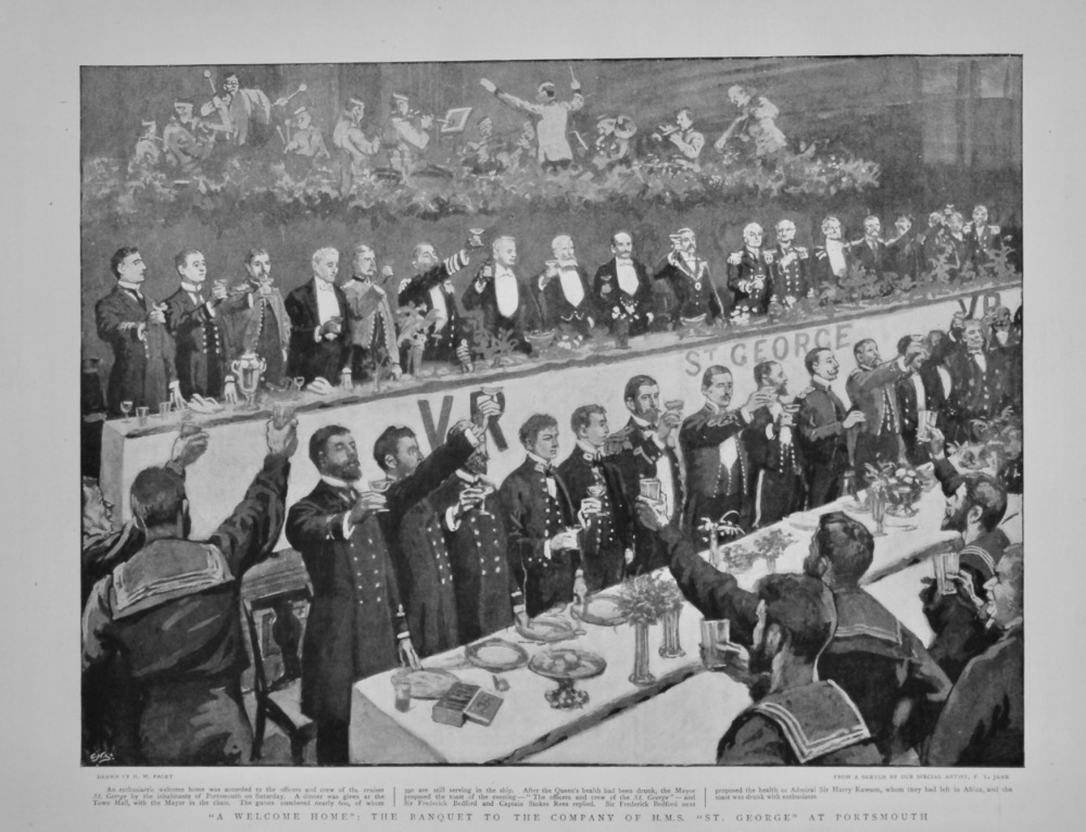 "A Welcome Home" : The Banquet to the Company of H.M.S. "St. George" at Portsmouth.  1898.