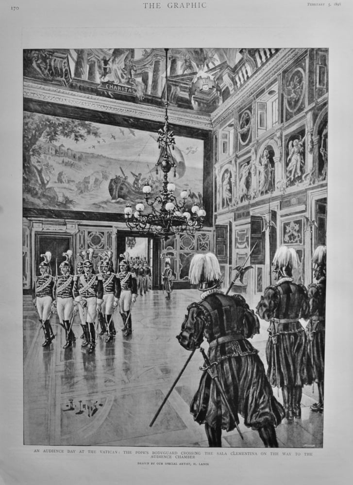 An Audience Day at the Vatican : The Pope's Bodyguard crossing the Sala Clementina on the way to the Audience Chamber.  1898.