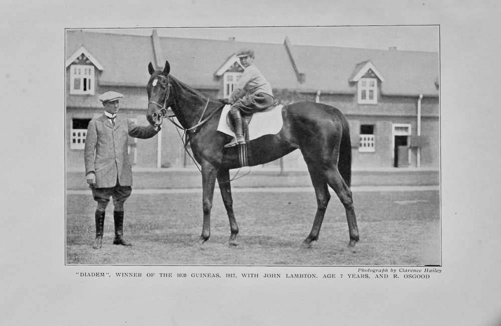 "Diadem", winner of the 1.000 Guineas, 1917, with John Lambton, age 7 years, and R. Osgood.