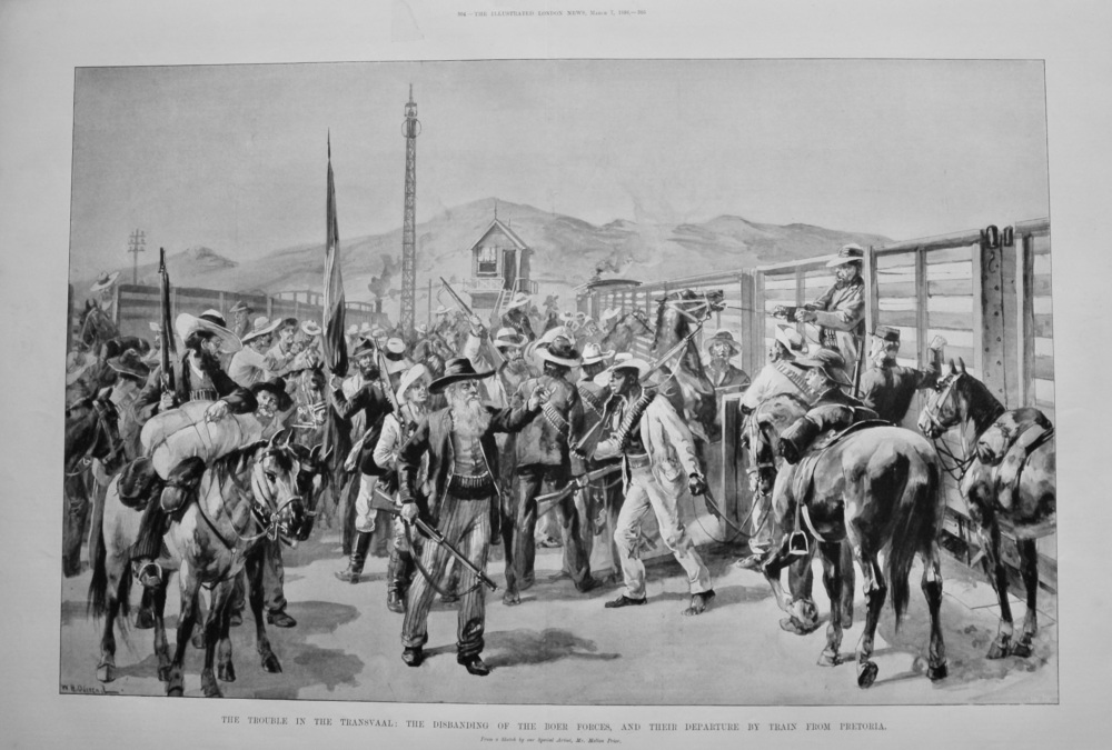 The Trouble in the Transvaal :  The Disbanding of the Boer Forces, and their Departure by Train from Pretoria. 1896
