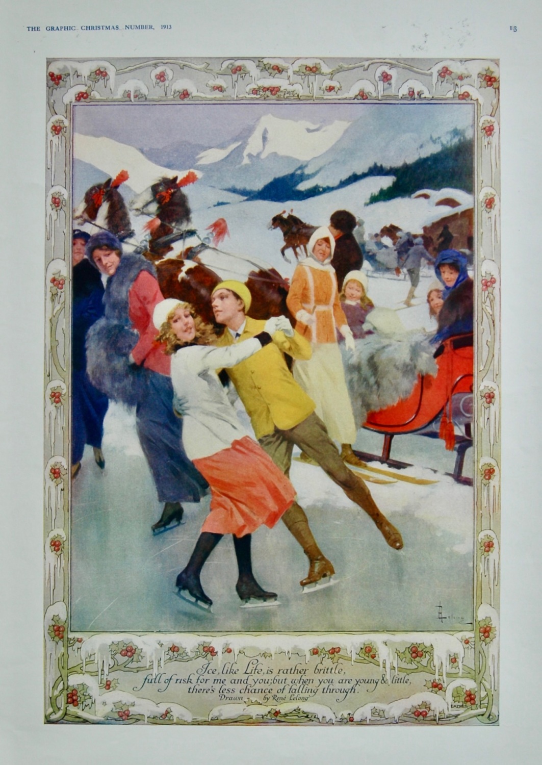 Colour Drawing of couple Ice Skating, by Rene Lelong. 1913.
