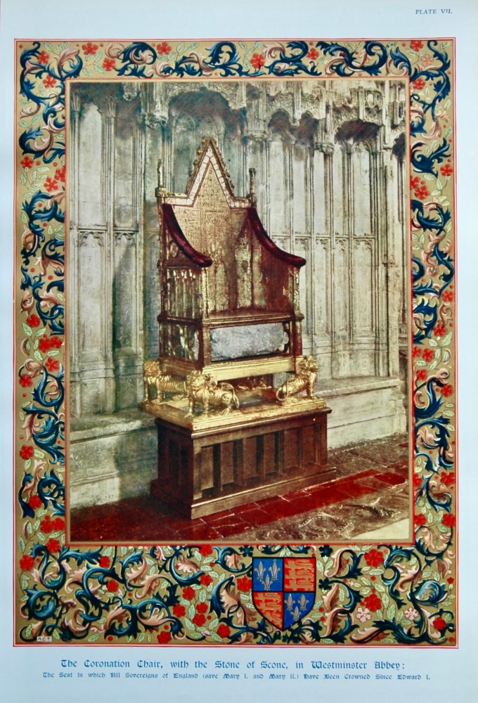 The Coronation Chair, with the Stone of Scone, in Westminster Abbey. 1937.
